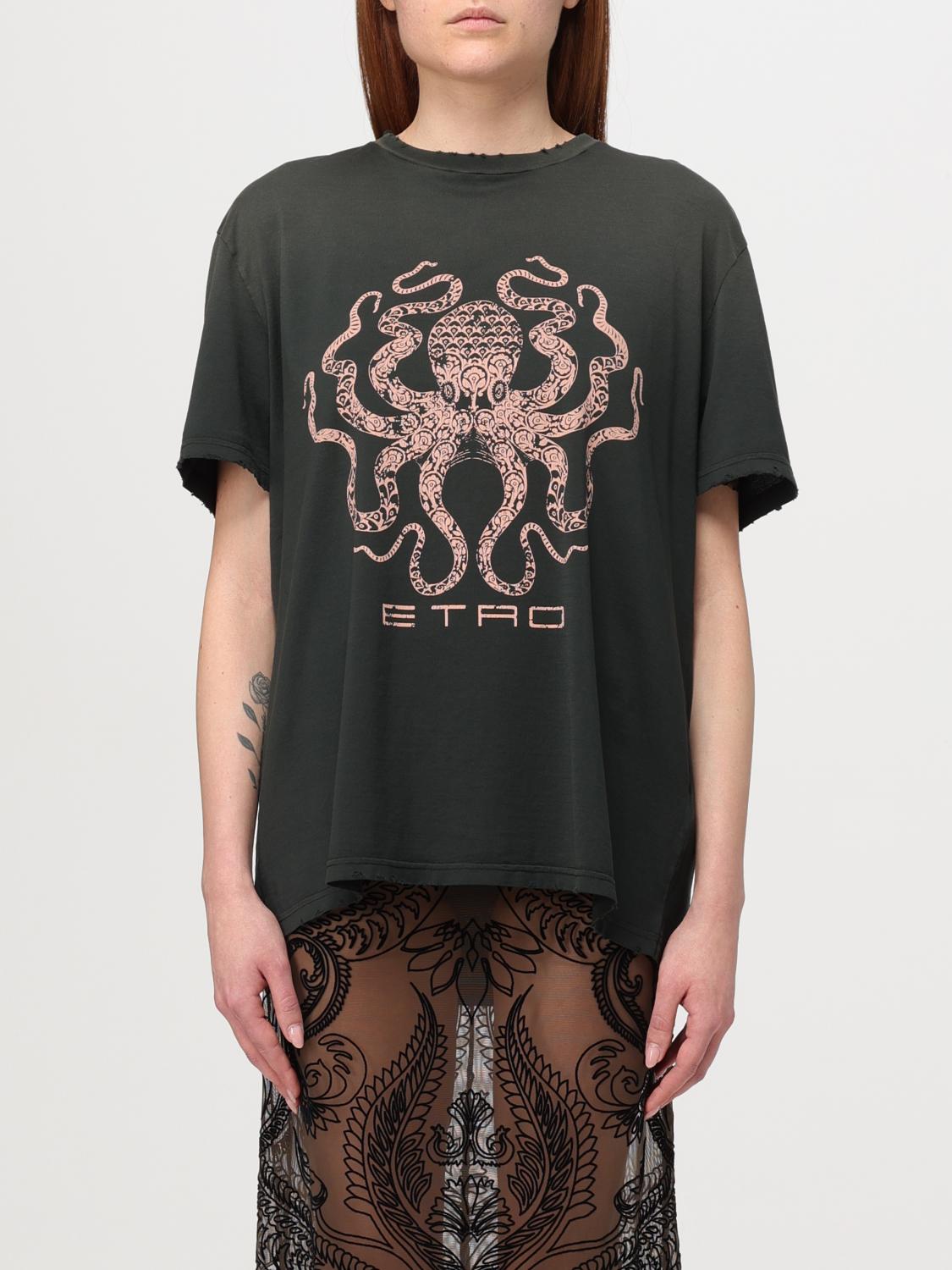 ETRO: T-shirt in cotone con stampa - Nero | T-Shirt Etro