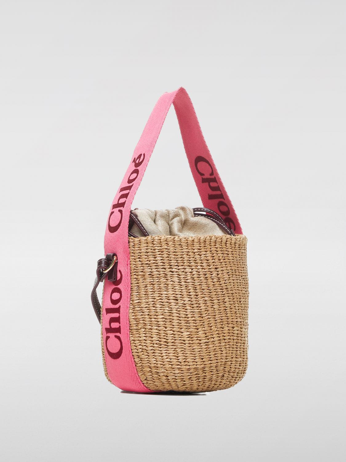 CHLOÉ BORSA MINI: Borsa Woody Chloè in rafia intrecciata e canvas , Rosa - Img 2