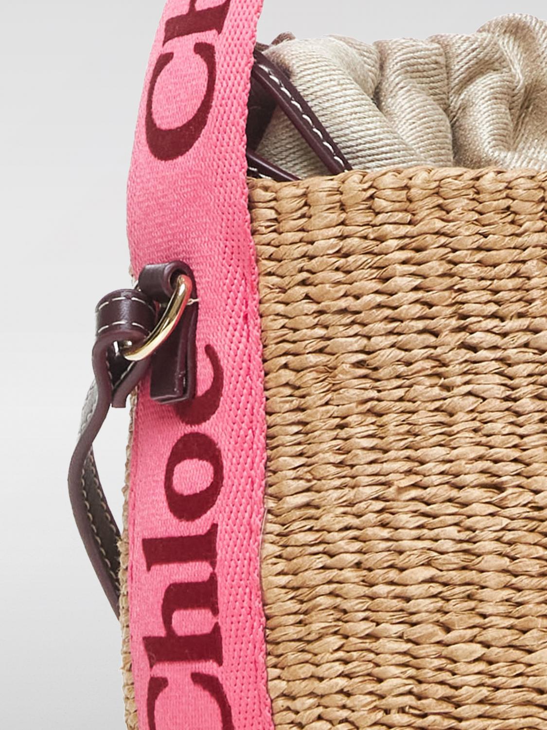 CHLOÉ BORSA MINI: Borsa Woody Chloè in rafia intrecciata e canvas , Rosa - Img 3