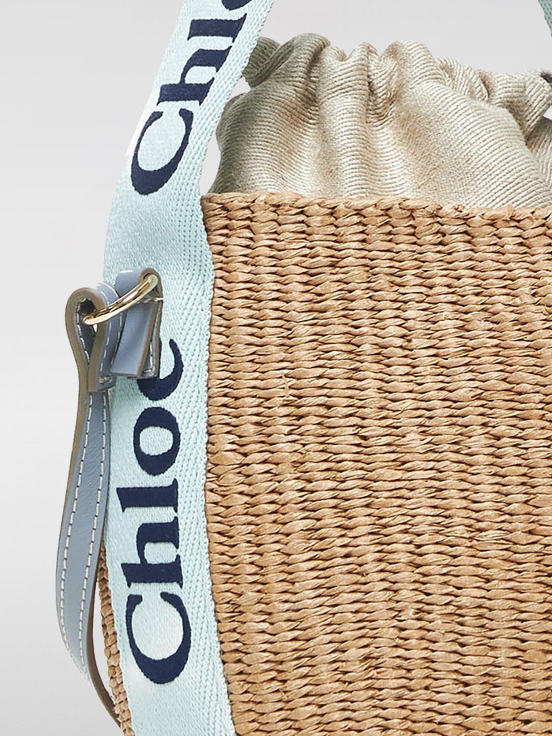 CHLOÉ BORSA MINI: Borsa Woody Chloè in rafia intrecciata e canvas , Blue 1 - Img 2