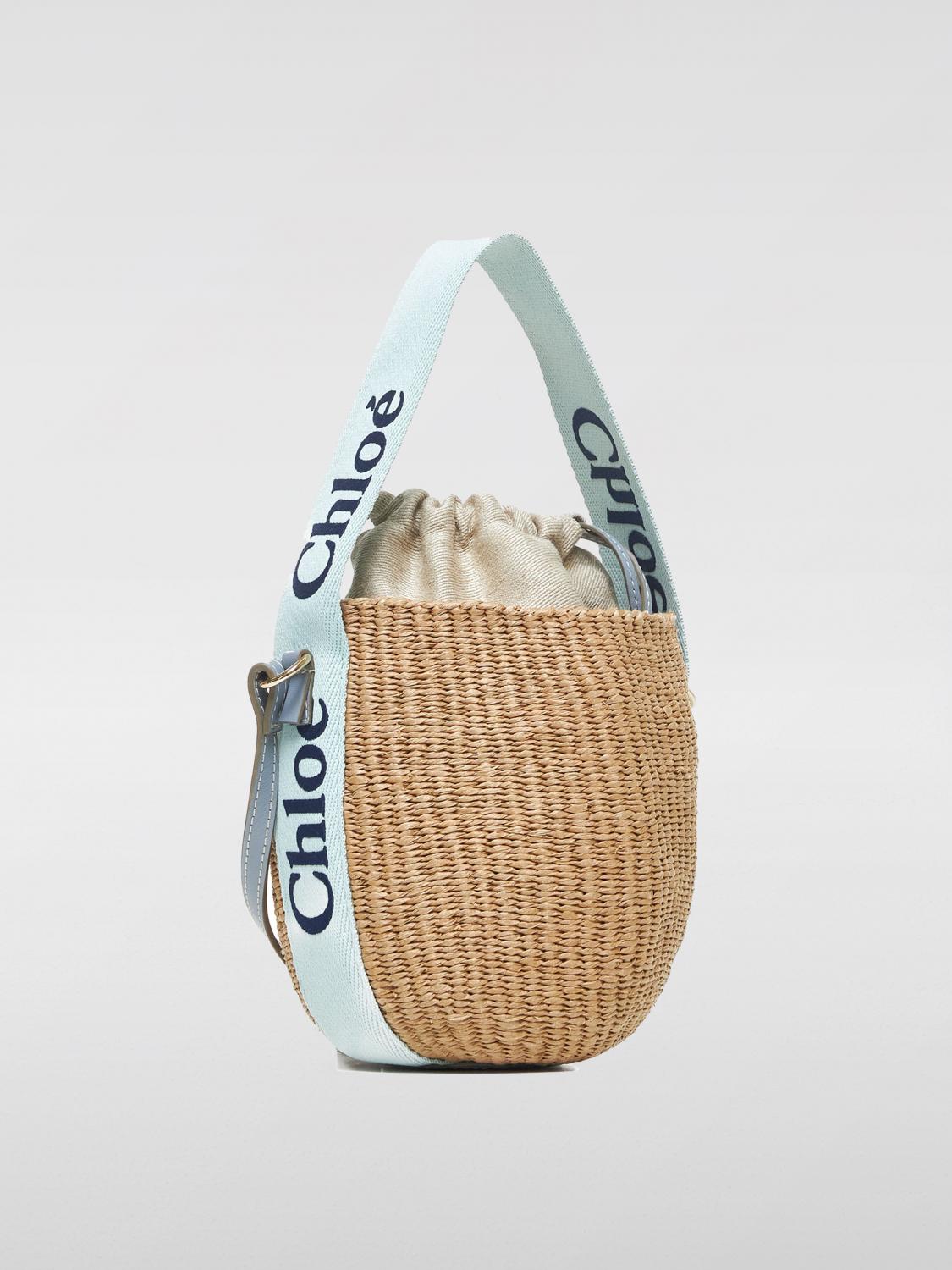 CHLOÉ BORSA MINI: Borsa Woody Chloè in rafia intrecciata e canvas , Blue 1 - Img 3