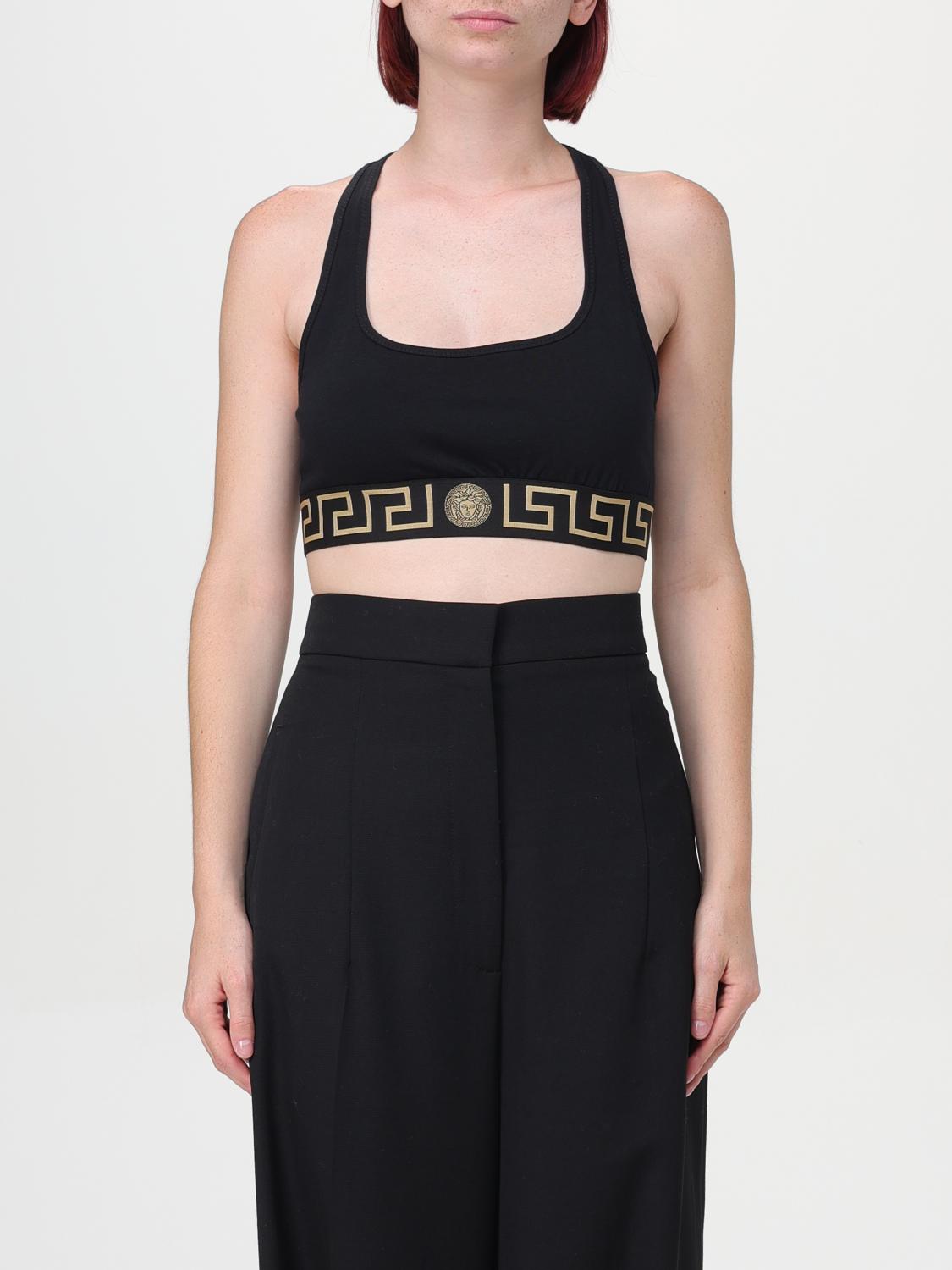 VERSACE TOP: Top corto Greca Versace de algodón elástico, Negro - Img 1
