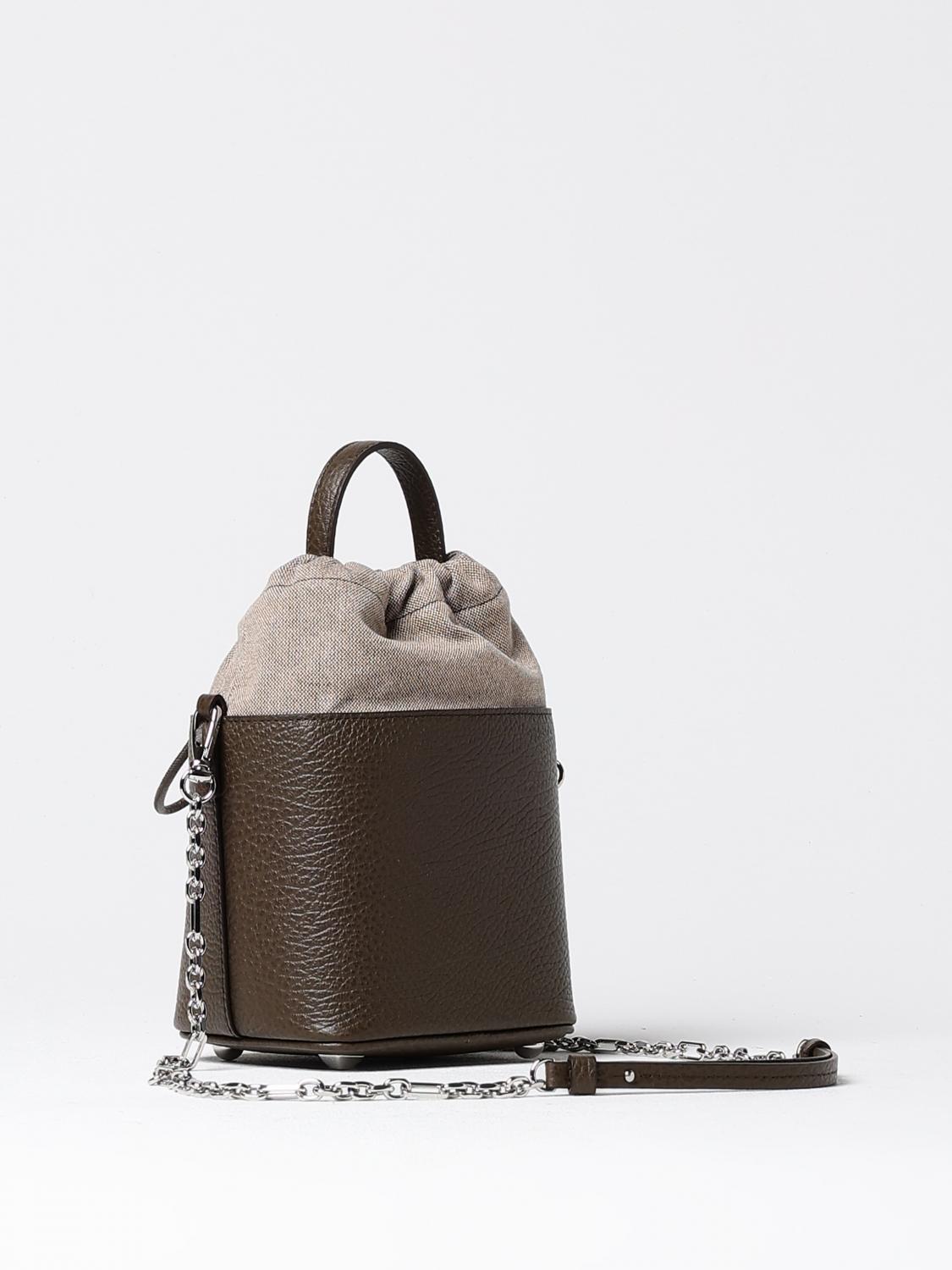 MAISON MARGIELA BORSA A TRACOLLA: Borsa a secchiello 5AC Maison Margiela in pelle a grana e canvas , Marrone - Img 3