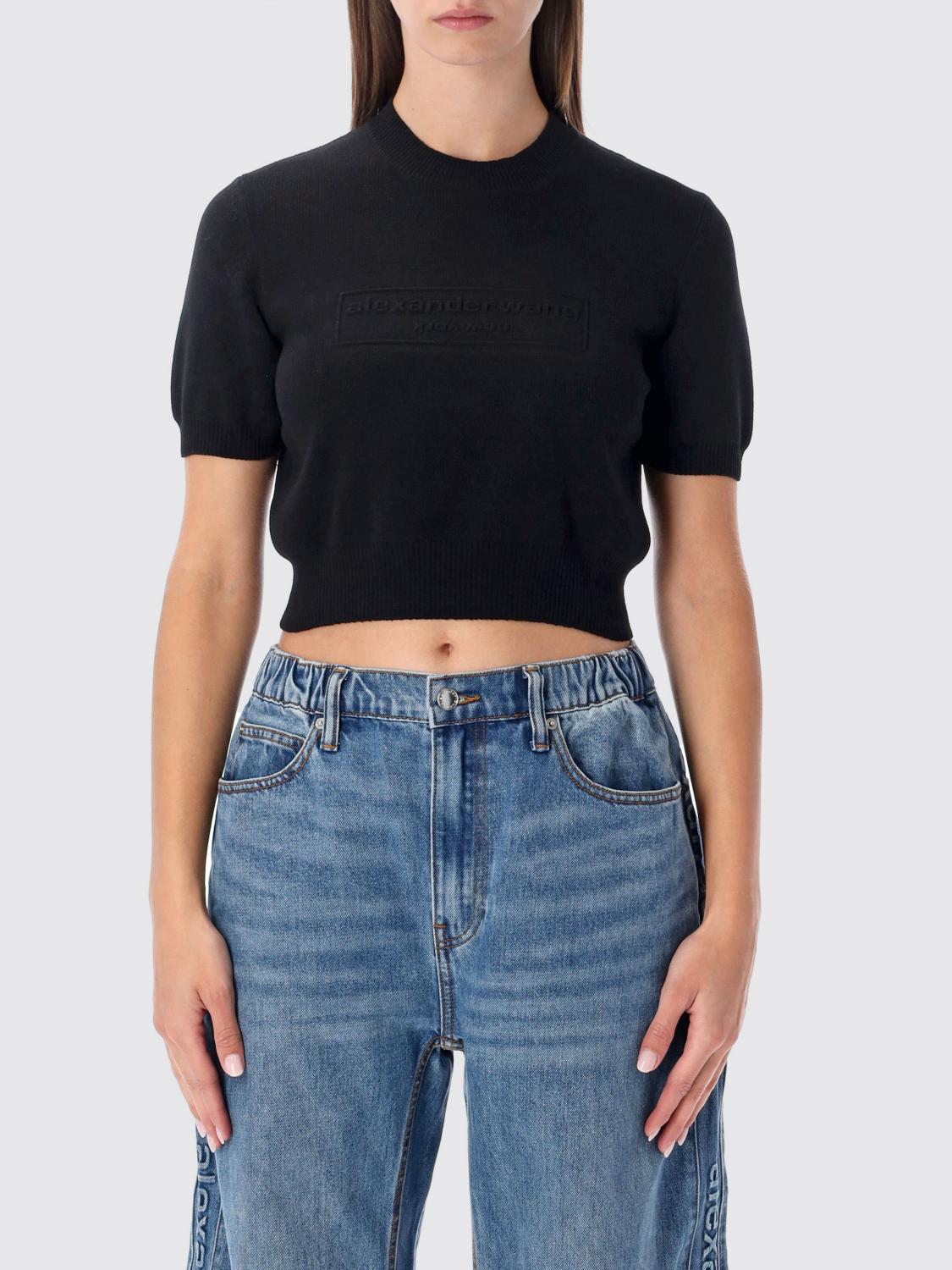 ALEXANDER WANG TOP: Top crop con logo goffrato Alexander Wang, Nero - Img 1
