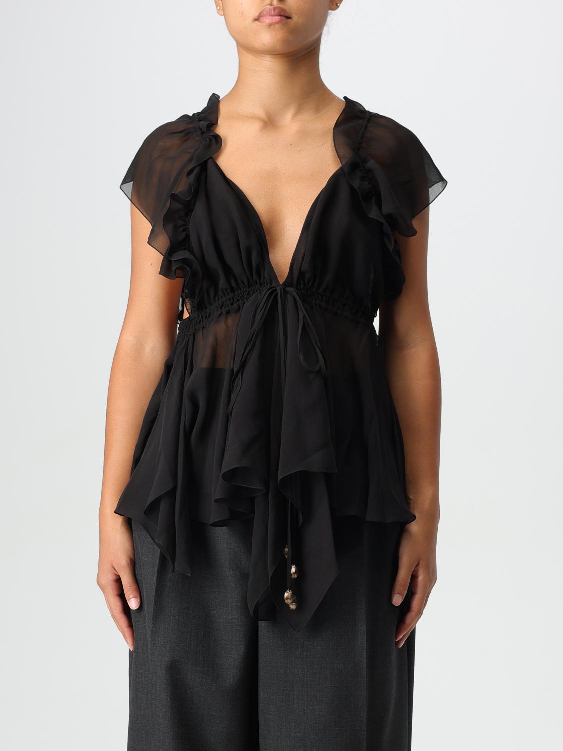 CHLOÉ TOP: Top Chloé in chiffon con volant, Nero - Img 1