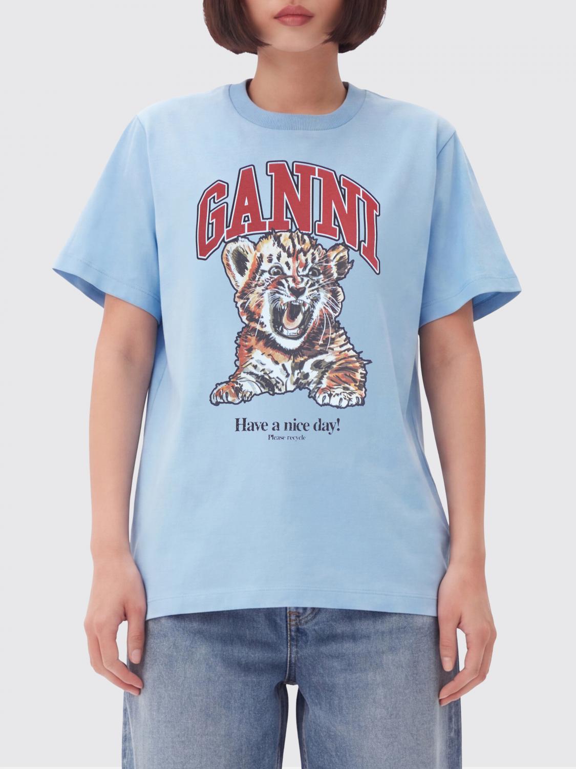 GANNI T-SHIRTS: T-shirt in cotone stampata Ganni, Blue - Img 1