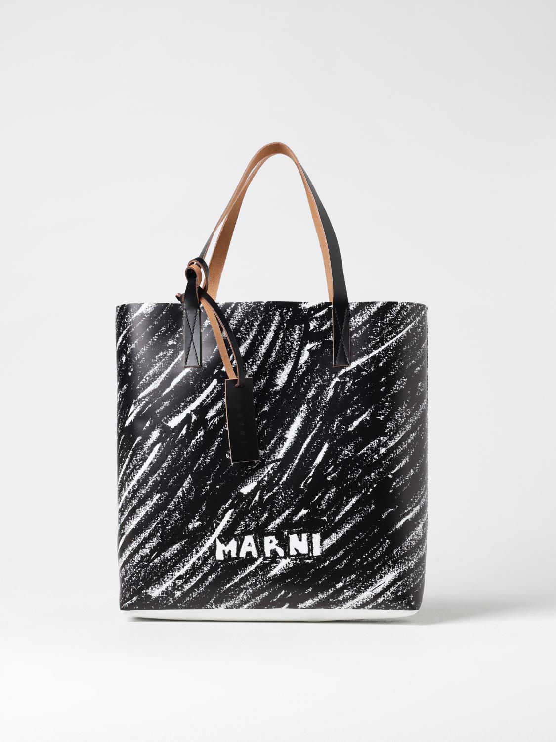 MARNI BORSA A SPALLA: Borsa Tribeca Marni in pelle e tela catramata con stampa astratta , Nero - Img 1