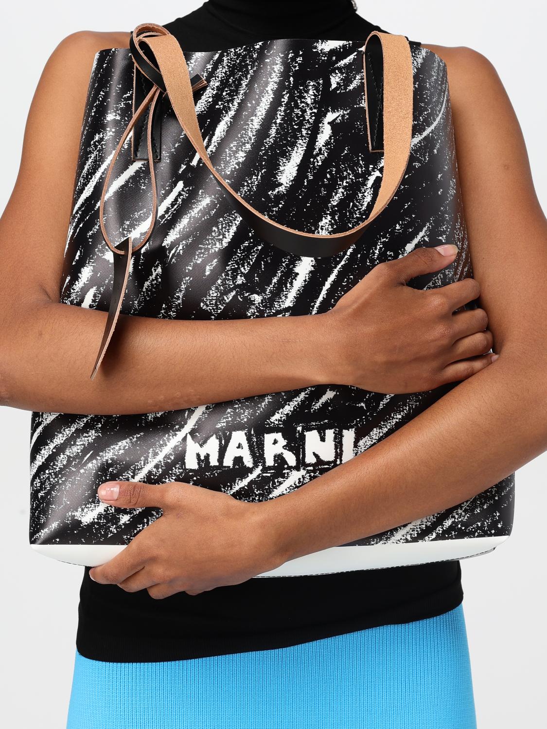 MARNI BORSA A SPALLA: Borsa Tribeca Marni in pelle e tela catramata con stampa astratta , Nero - Img 2