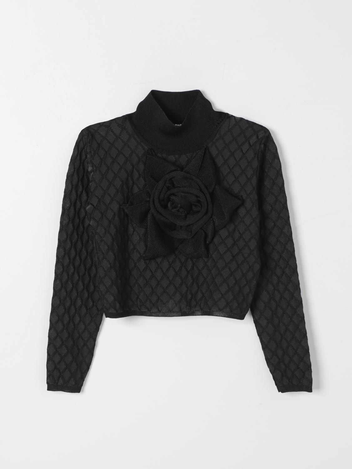 BALMAIN MAGLIA: Pullover Balmain in maglia di cotone con maxi fiore , Nero - Img 1