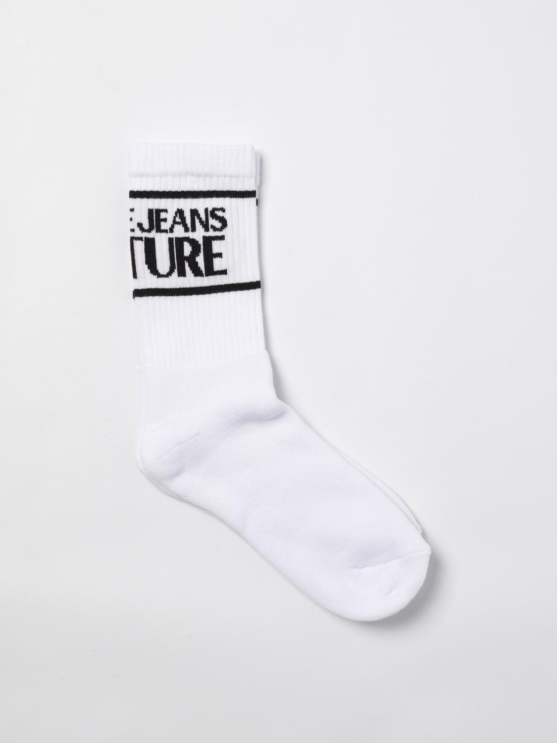 VERSACE JEANS COUTURE CALZE: Calze Versace Jeans Couture in cotone stretch con logo jacquard , Bianco - Img 1