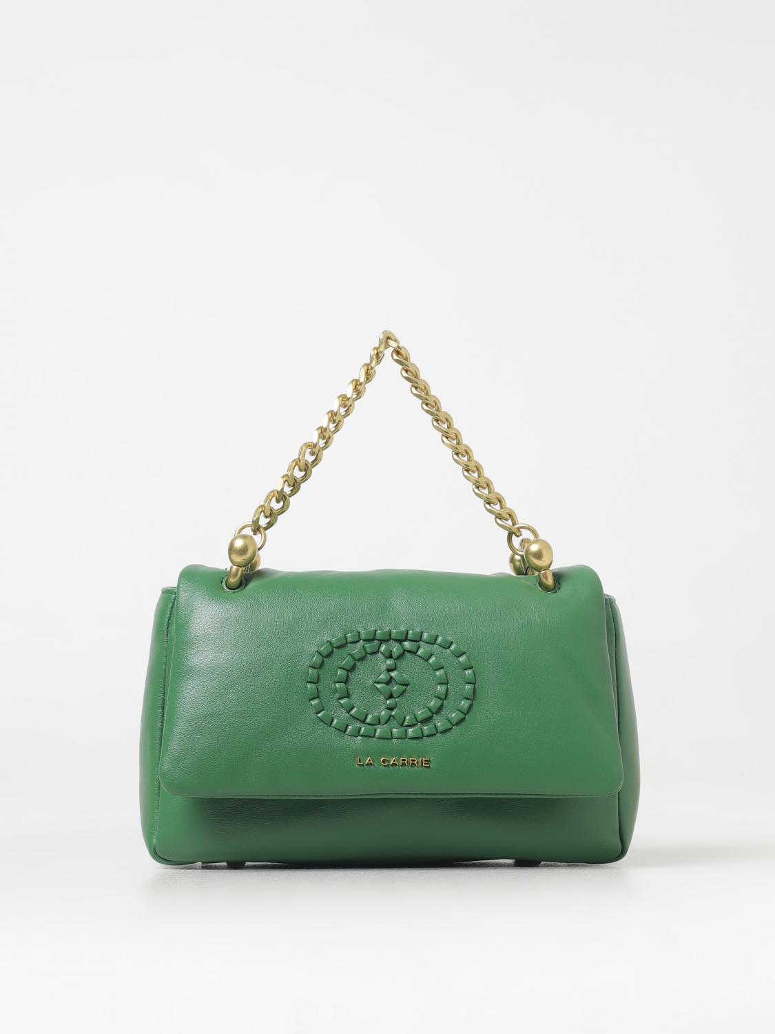 LA CARRIE BORSA A SPALLA: Borsa La Carrie in pelle con logo ricamato , Verde - Img 1