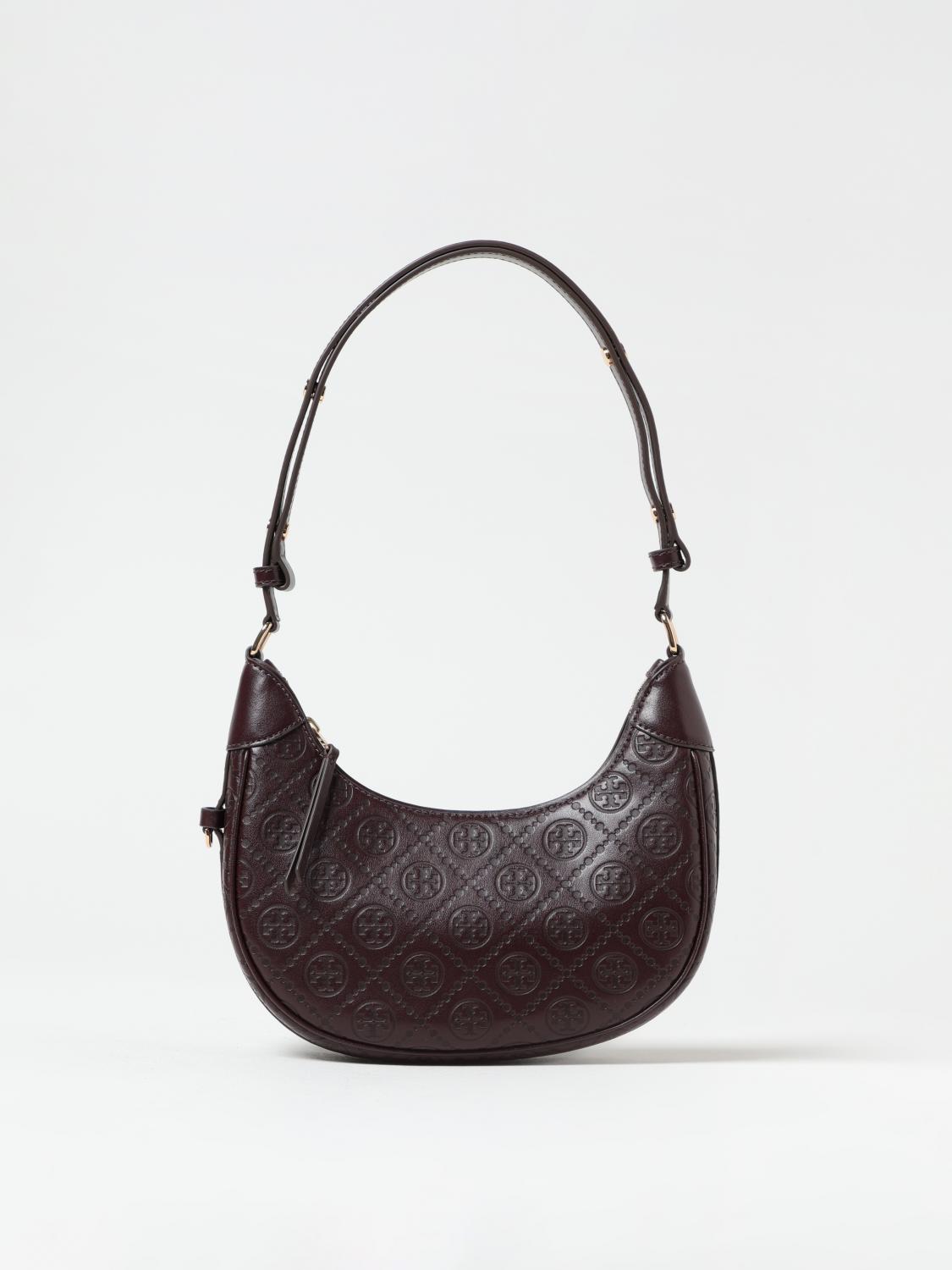 TORY BURCH BORSA A SPALLA: Borsa a mezzaluna in pelle T monogram Tory Burch, Vino - Img 1