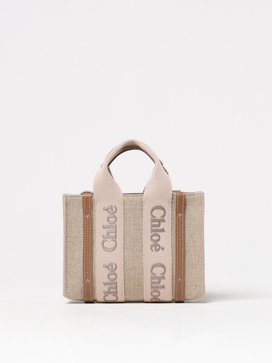 CHLOÉ BORSA MINI: Borsa Woody Chloè in canvas e pelle , Beige - Img 1