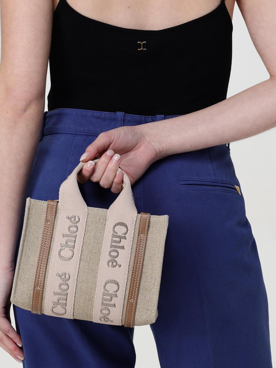 CHLOÉ BORSA MINI: Borsa Woody Chloè in canvas e pelle , Beige - Img 2