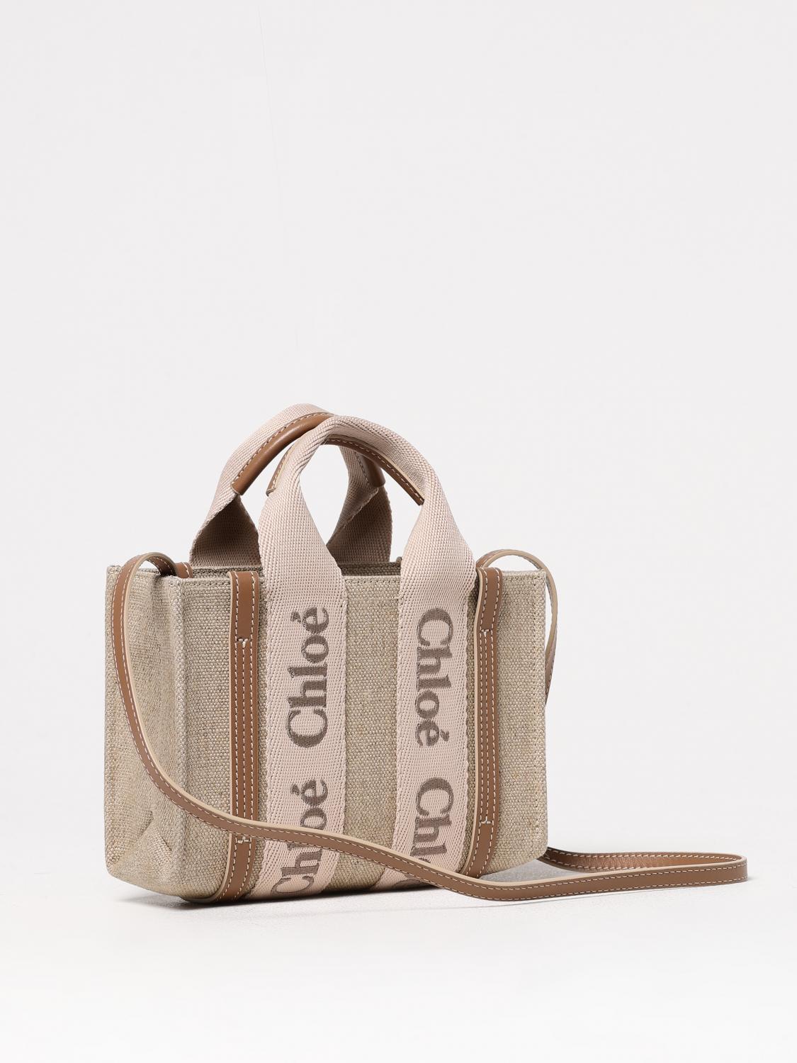 CHLOÉ BORSA MINI: Borsa Woody Chloè in canvas e pelle , Beige - Img 3