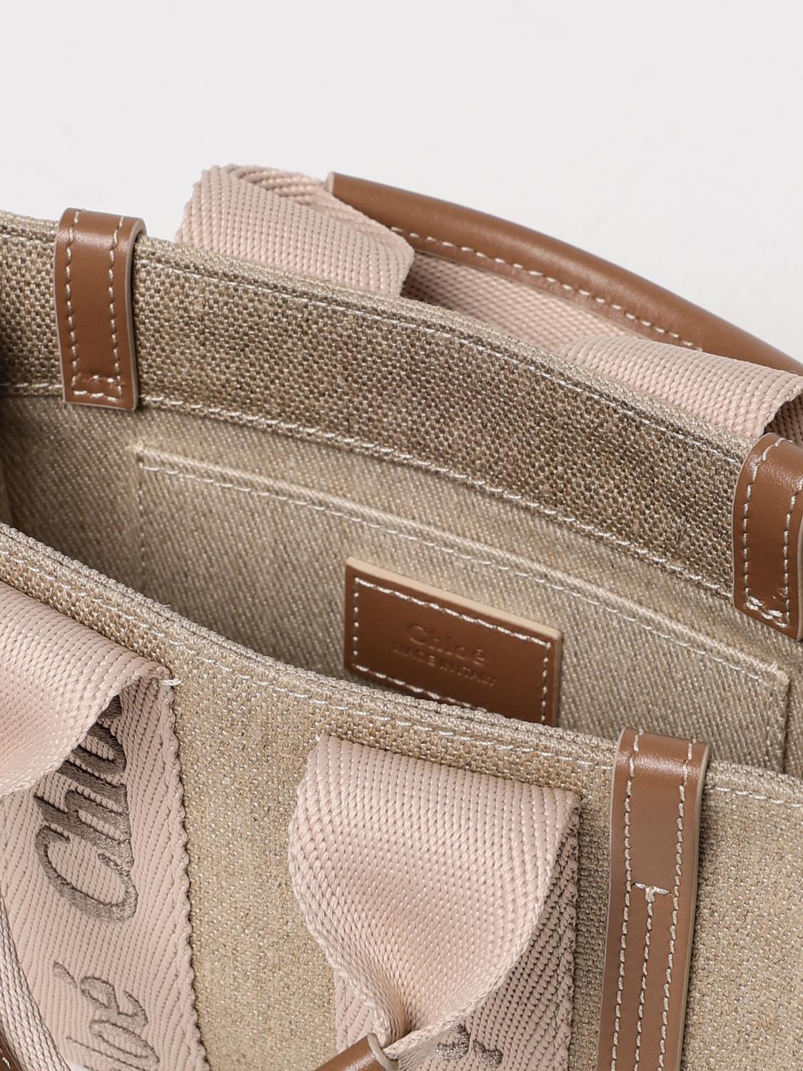 CHLOÉ BORSA MINI: Borsa Woody Chloè in canvas e pelle , Beige - Img 4