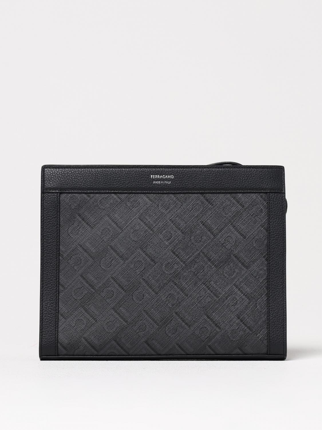 FERRAGAMO PORTADOCUMENTI: Pouch Gancini Ferragamo in pelle a grana e saffiano stampata, Nero - Img 1