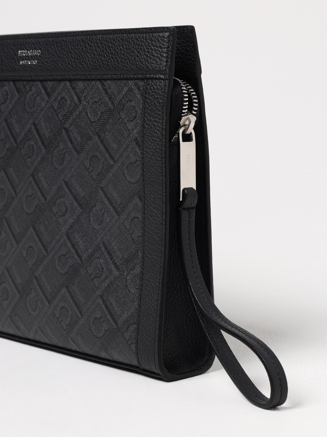 FERRAGAMO PORTADOCUMENTI: Pouch Gancini Ferragamo in pelle a grana e saffiano stampata, Nero - Img 4