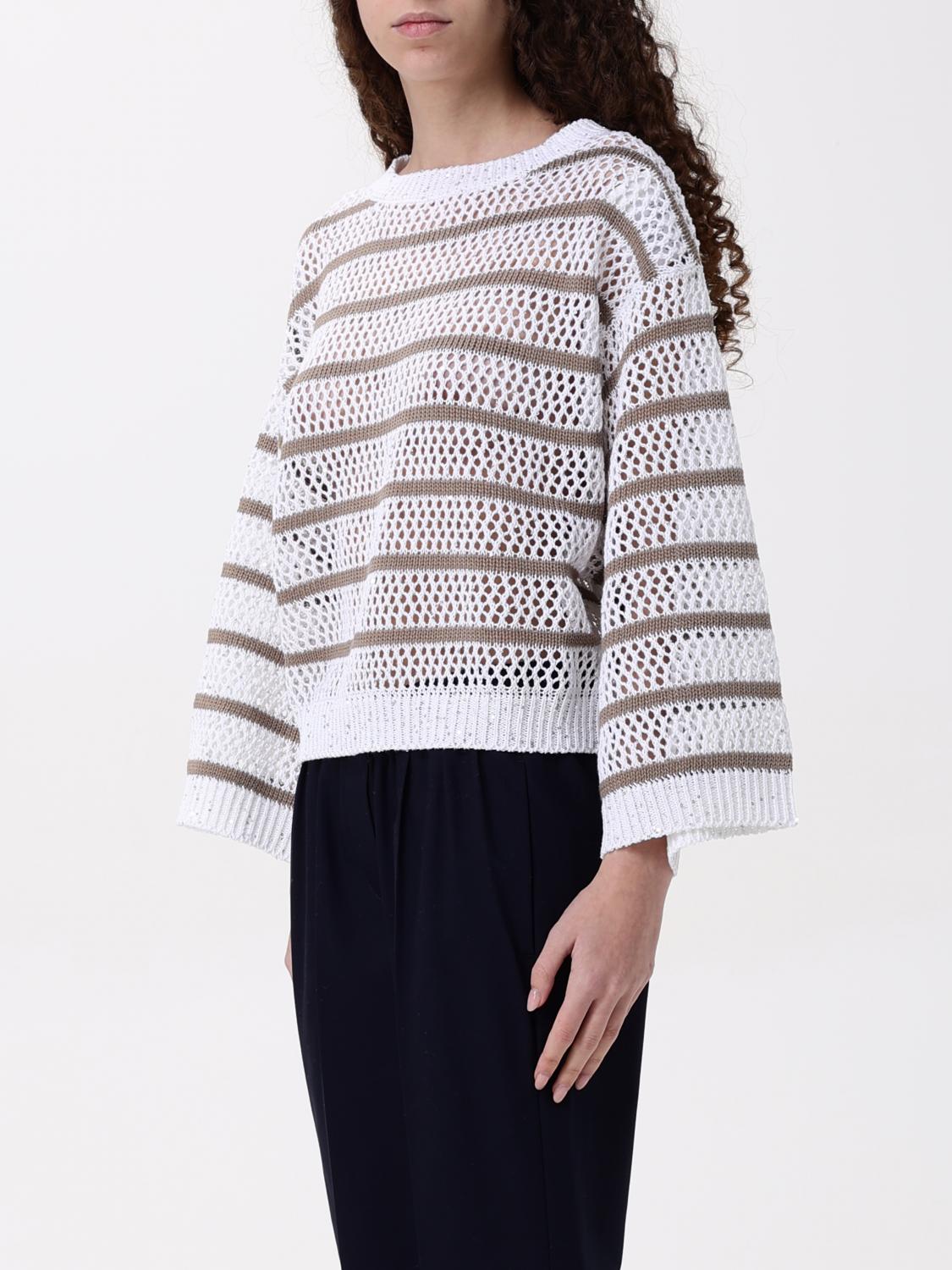 BRUNELLO CUCINELLI MAGLIA: Maglia a righe traforata Brunello Cucinelli in misto lino, Bianco - Img 4