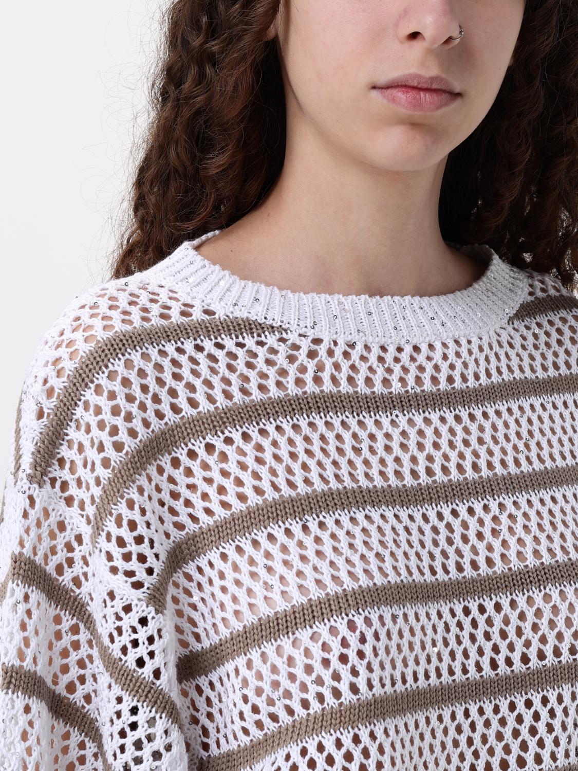 BRUNELLO CUCINELLI MAGLIA: Maglia a righe traforata Brunello Cucinelli in misto lino, Bianco - Img 5