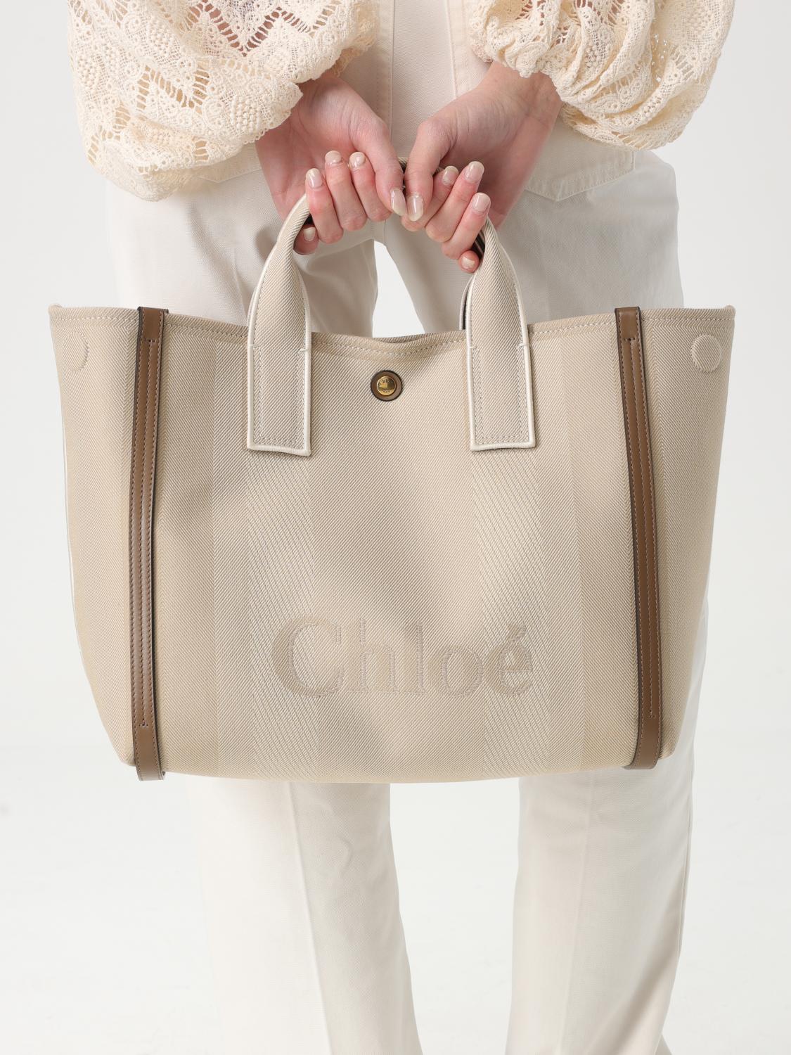CHLOÉ BORSA A MANO: Borsa Chloè in canvas con logo jacquard , Beige - Img 2