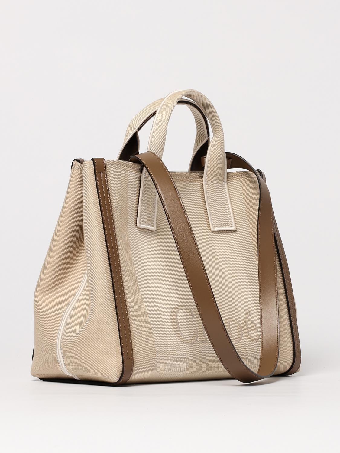 CHLOÉ BORSA A MANO: Borsa Chloè in canvas con logo jacquard , Beige - Img 3