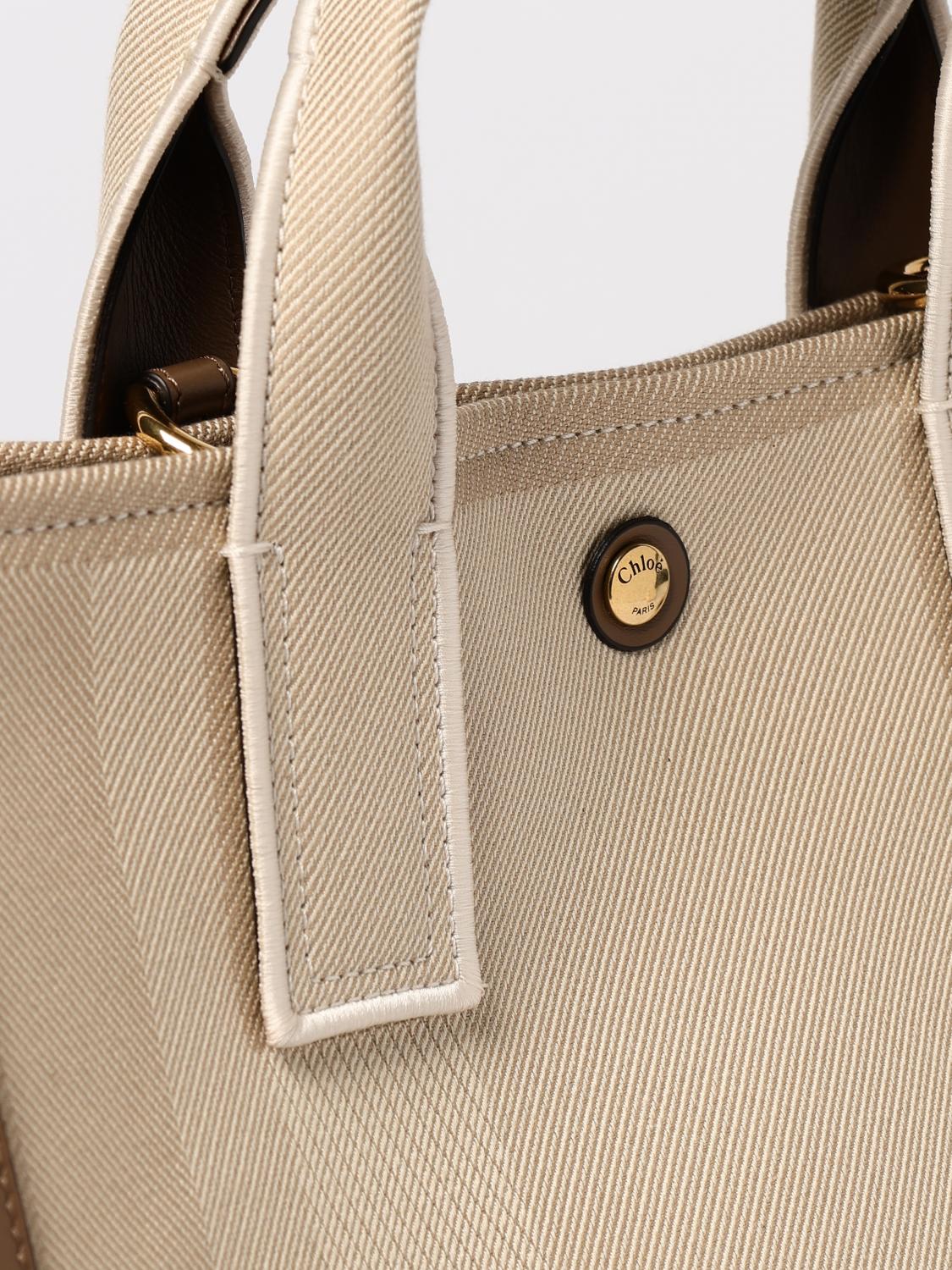 CHLOÉ BORSA A MANO: Borsa Chloè in canvas con logo jacquard , Beige - Img 4