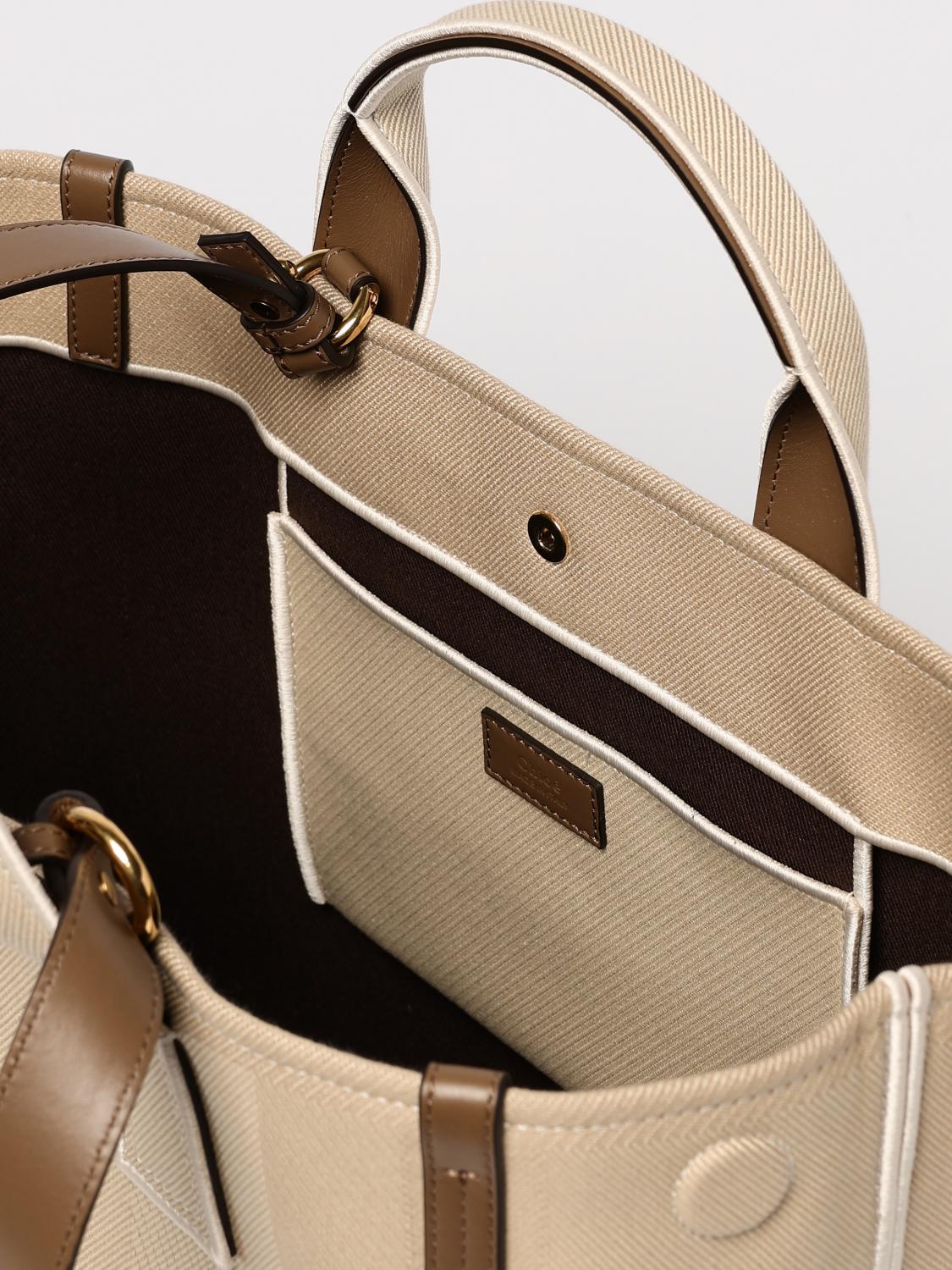 CHLOÉ BORSA A MANO: Borsa Chloè in canvas con logo jacquard , Beige - Img 5