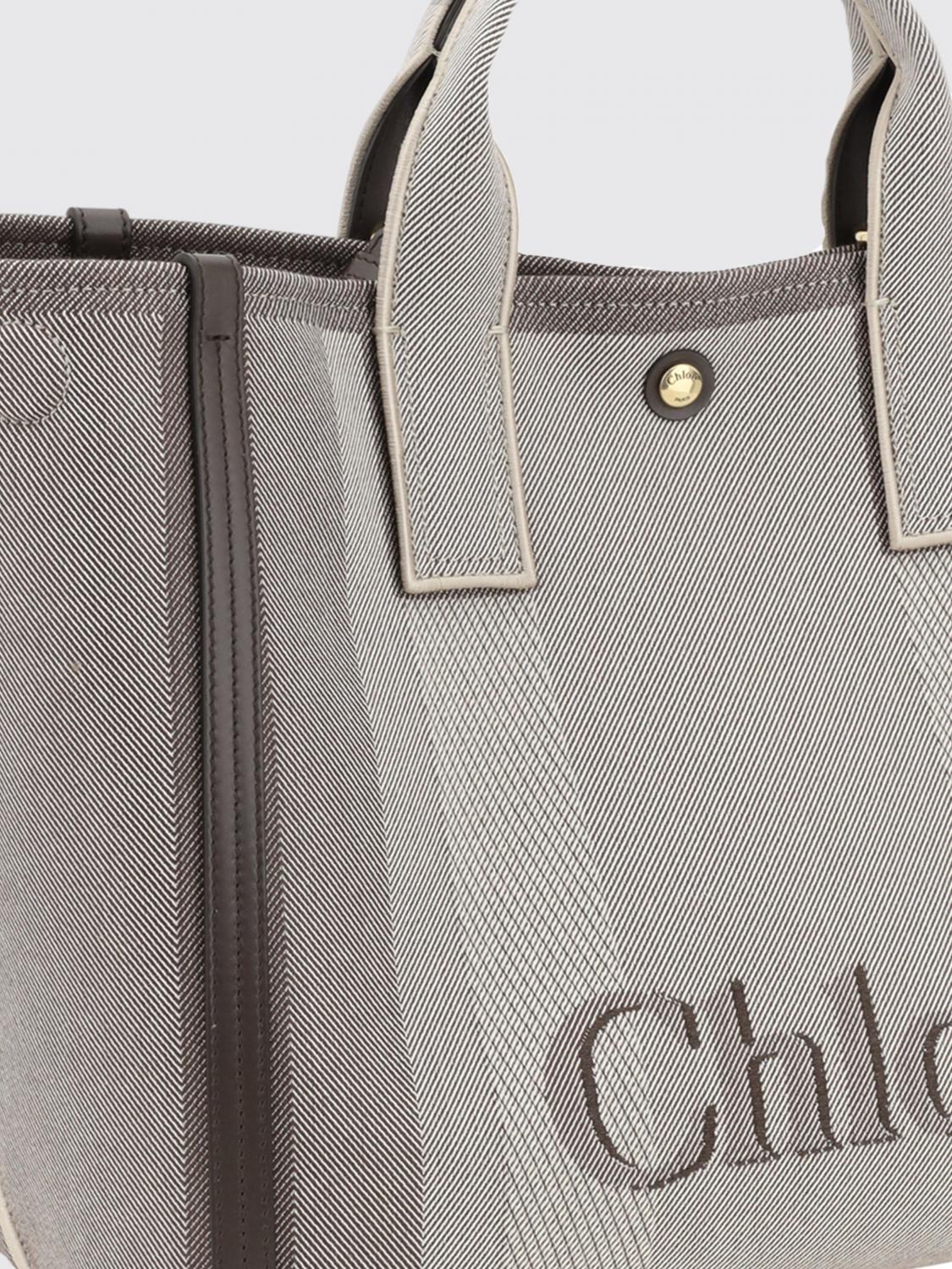 CHLOÉ BORSA A MANO: Borsa Chloè in canvas con logo jacquard , Marrone - Img 3