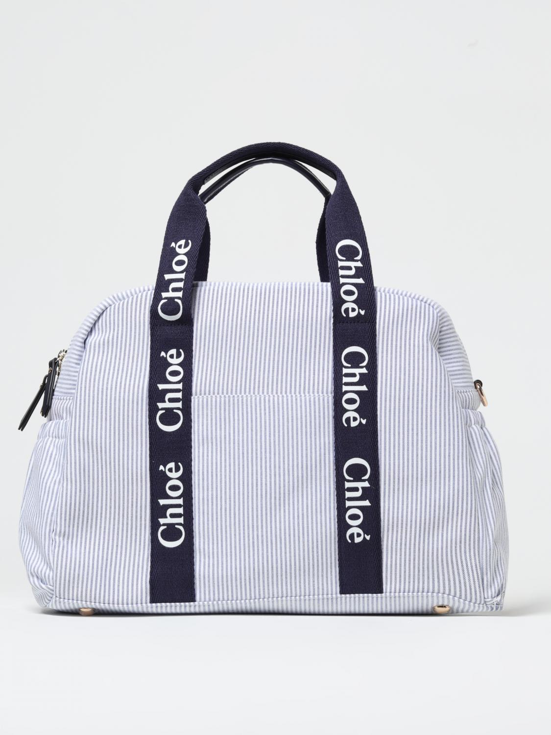 CHLOÉ CORREDI BAMBINI: Diaper bag in misto cotone a righe Chloé, Blue - Img 1