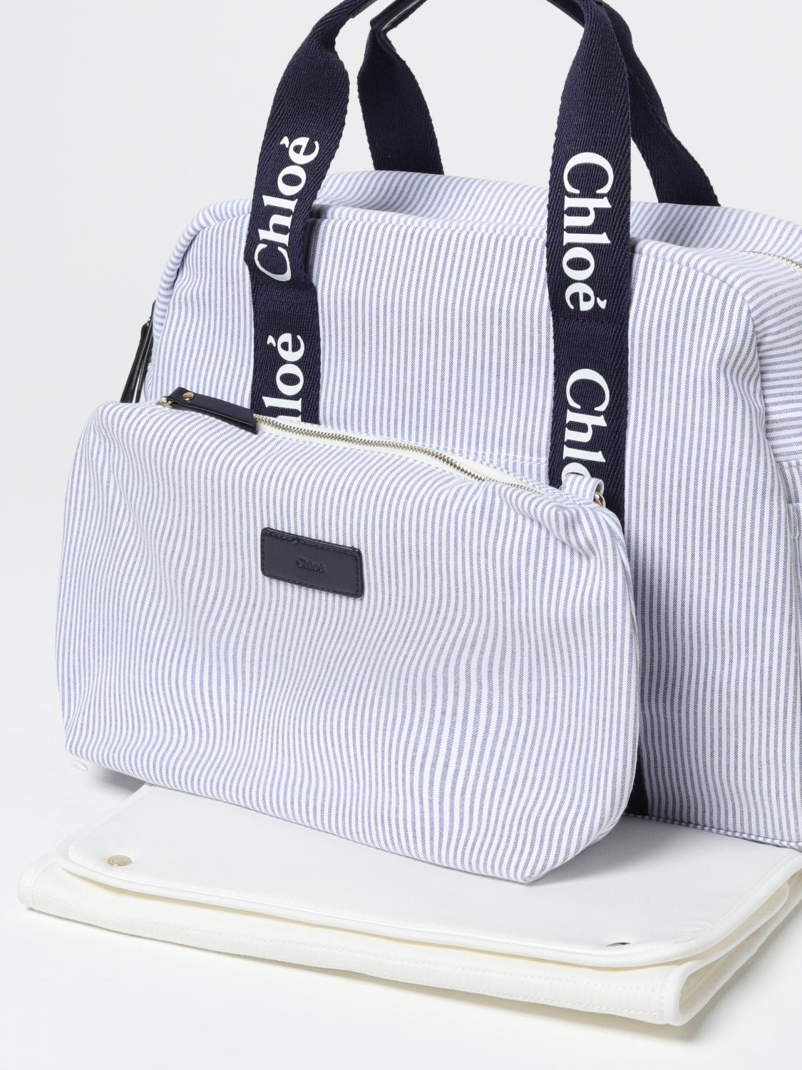 CHLOÉ CORREDI BAMBINI: Diaper bag in misto cotone a righe Chloé, Blue - Img 3