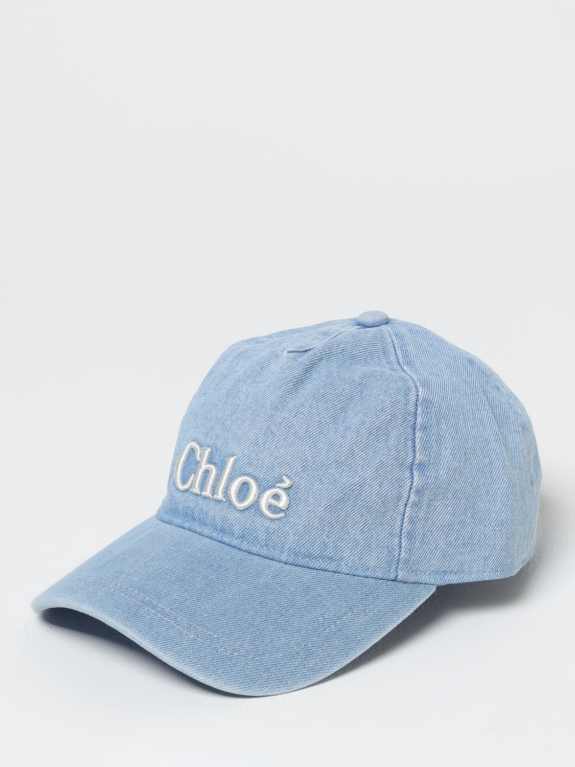 CHLOÉ CAPPELLO: Cappello Chloè in denim di cotone con logo ricamato , Blue - Img 1