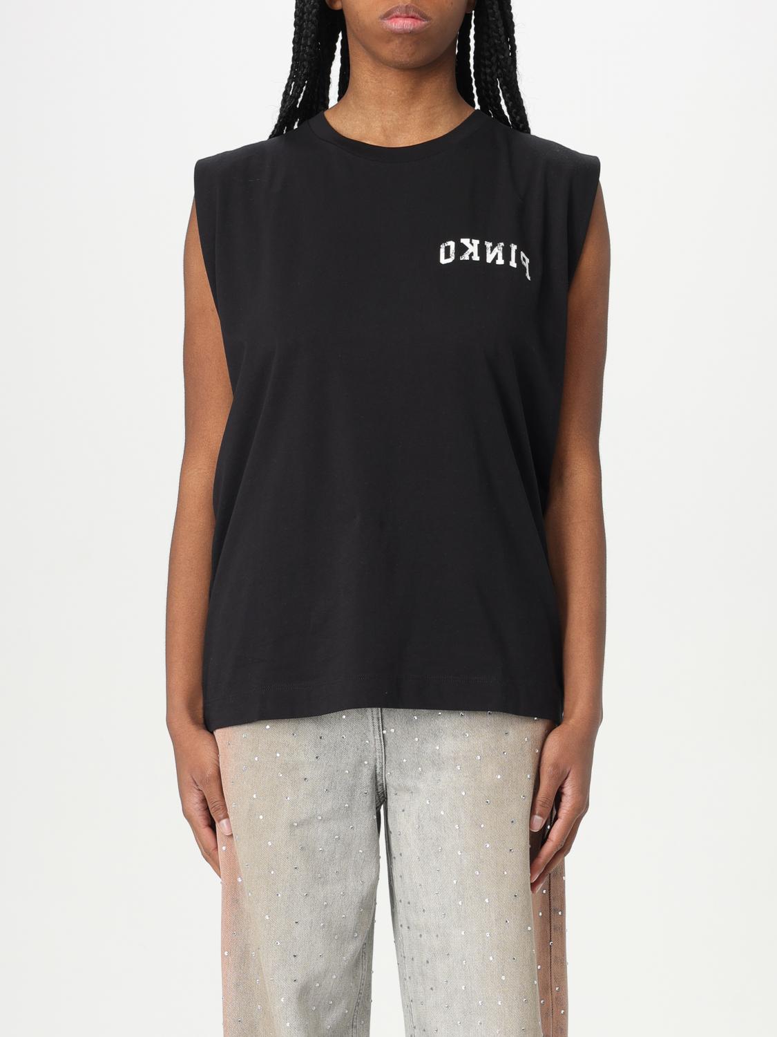 PINKO T-SHIRTS: T-shirt smanicata in cotone con logo Pinko, Nero - Img 1
