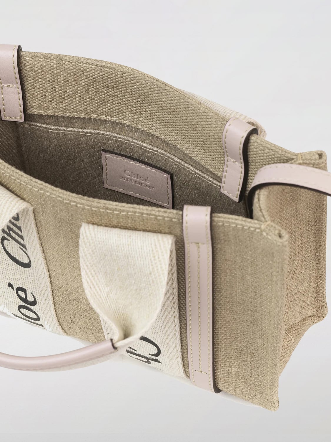 CHLOÉ BORSA MINI: Borsa Woody Small Chloè in canvas e lino , Rosa - Img 4