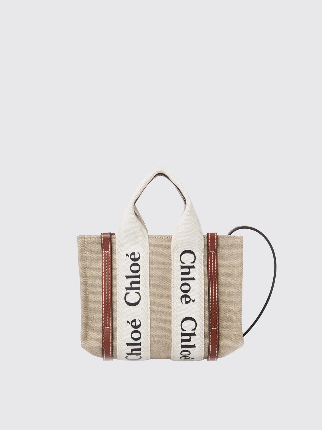 CHLOÉ BORSA MINI: Borsa Woody Small Chloè in canvas e lino , Beige - Img 1