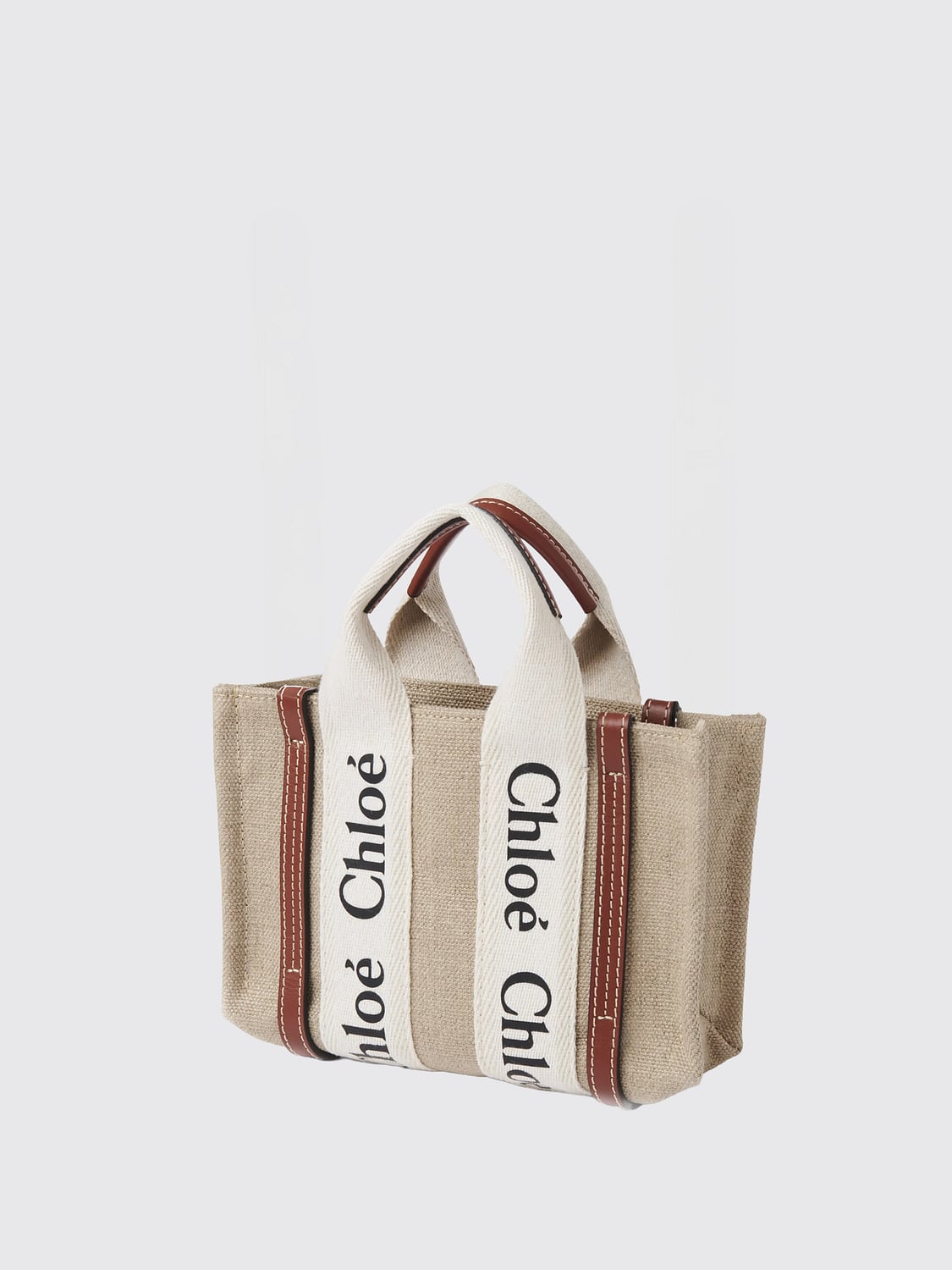 CHLOÉ BORSA MINI: Borsa Woody Small Chloè in canvas e lino , Beige - Img 2