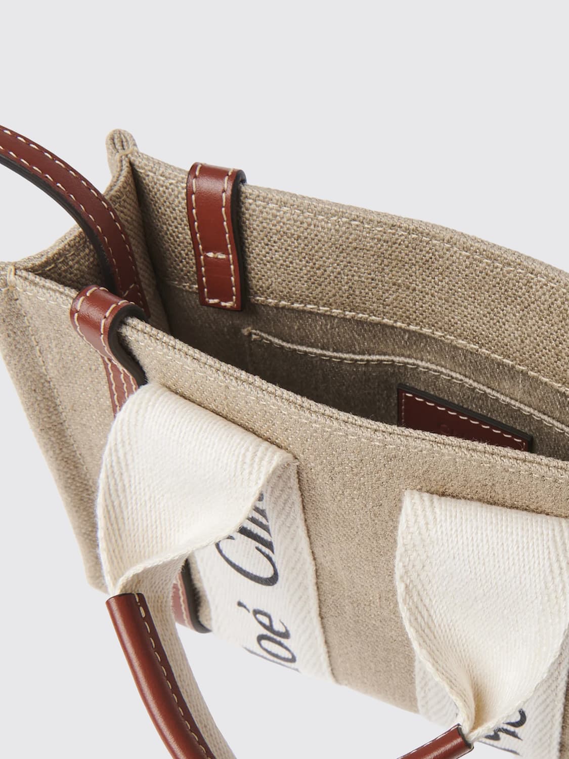 CHLOÉ BORSA MINI: Borsa Woody Small Chloè in canvas e lino , Beige - Img 3