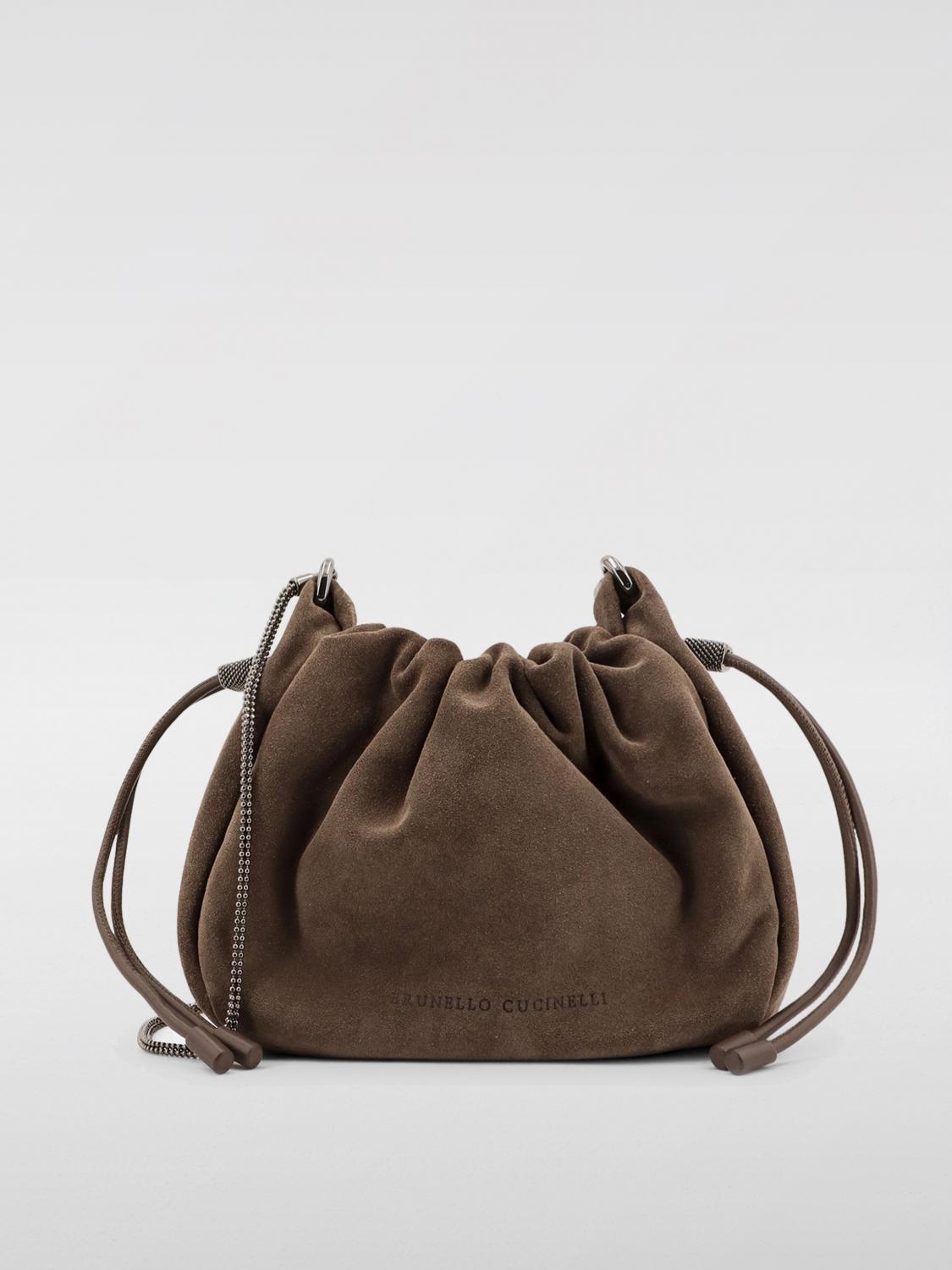 BRUNELLO CUCINELLI CLUTCH: Borsa Bucket Mellow Brunello Cucinelli in camoscio con Precious Chain, Marrone - Img 1