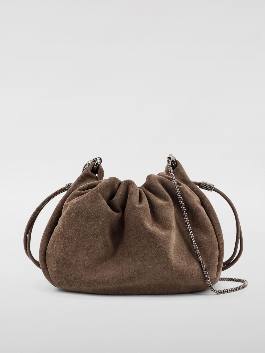 BRUNELLO CUCINELLI CLUTCH: Borsa Bucket Mellow Brunello Cucinelli in camoscio con Precious Chain, Marrone - Img 2