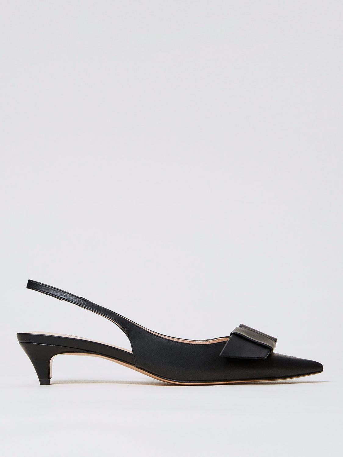 TWINSET DÉCOLLETÉ: Slingback Twinset in pelle laminata con fiocco , Nero - Img 1