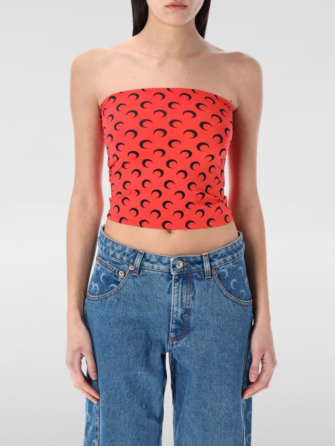 MARINE SERRE TOP: Top bandeau Marine Serre de nailon reciclado con estampado, Rojo - Img 1