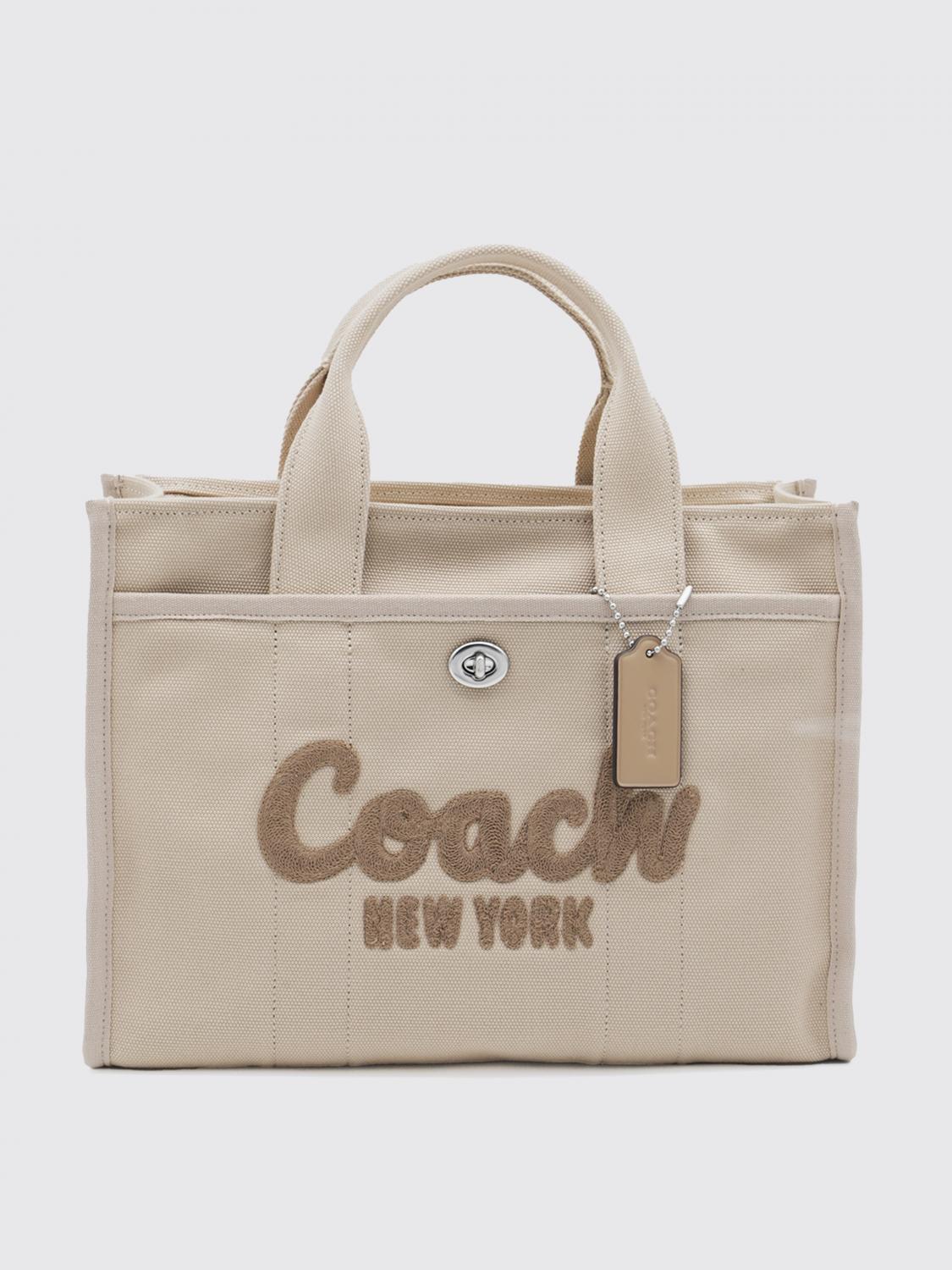 COACH BORSA A MANO: Borsa a mano tote in cotone con logo Coach, Ecru - Img 1