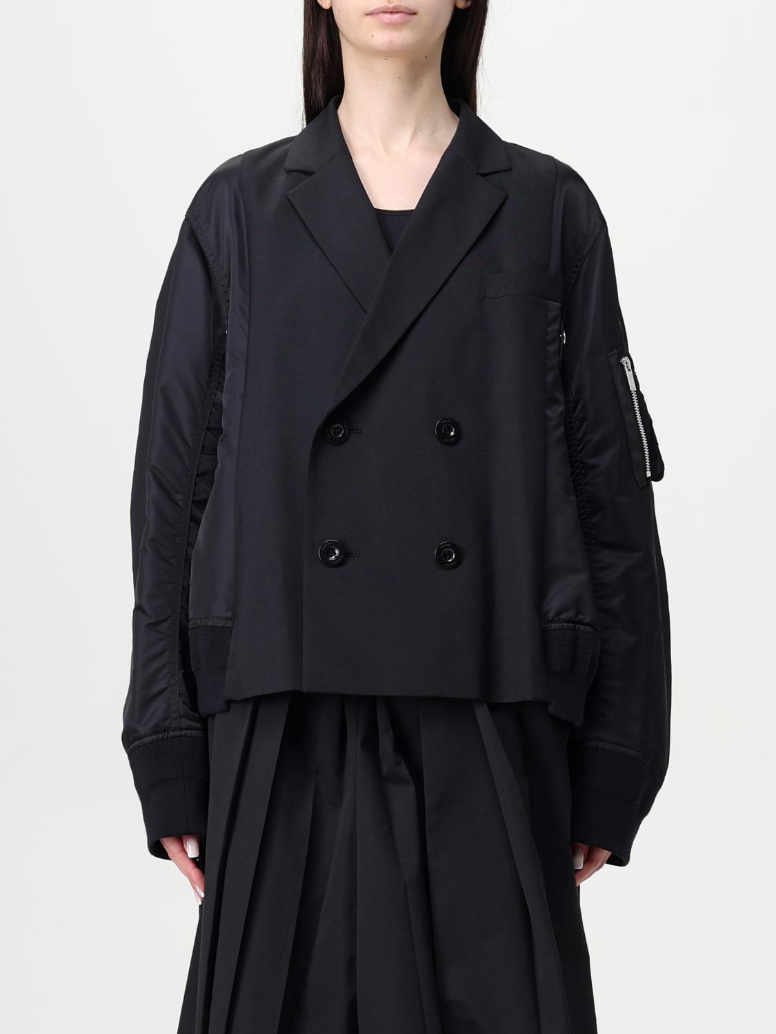 SACAI JACKET: Sacai double-breasted wool blend trench coat, Black - Img 1