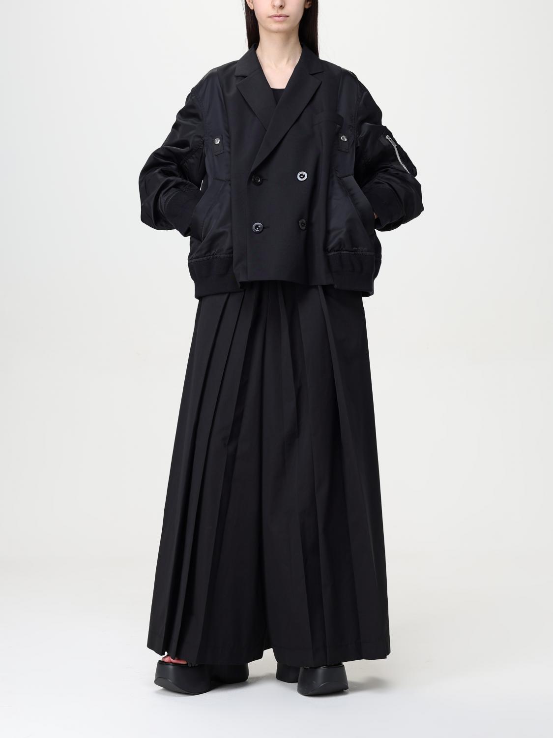 SACAI JACKET: Sacai double-breasted wool blend trench coat, Black - Img 2