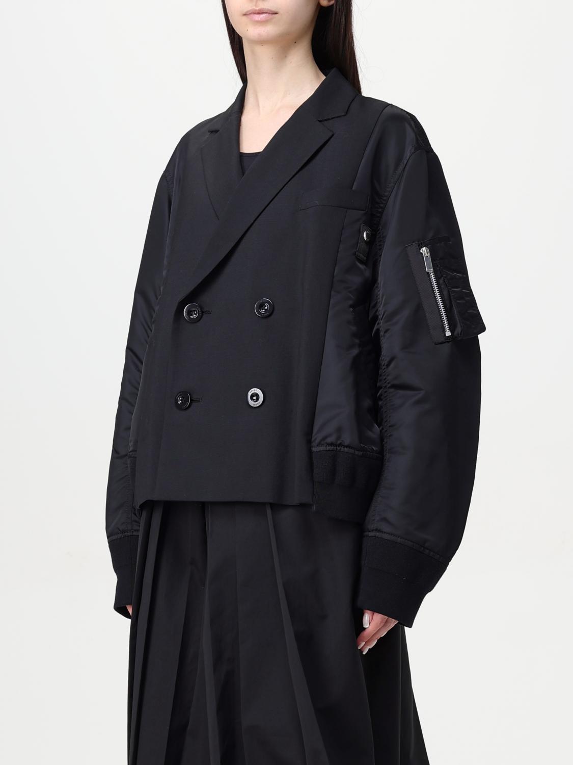 SACAI JACKET: Sacai double-breasted wool blend trench coat, Black - Img 4