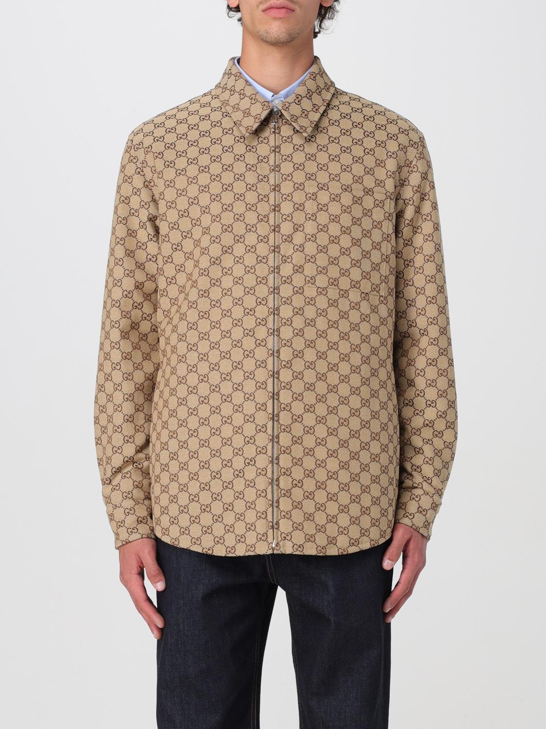 GUCCI GIACCA: Overshirt Gucci in misto cotone con motivo monogram , Beige - Img 1