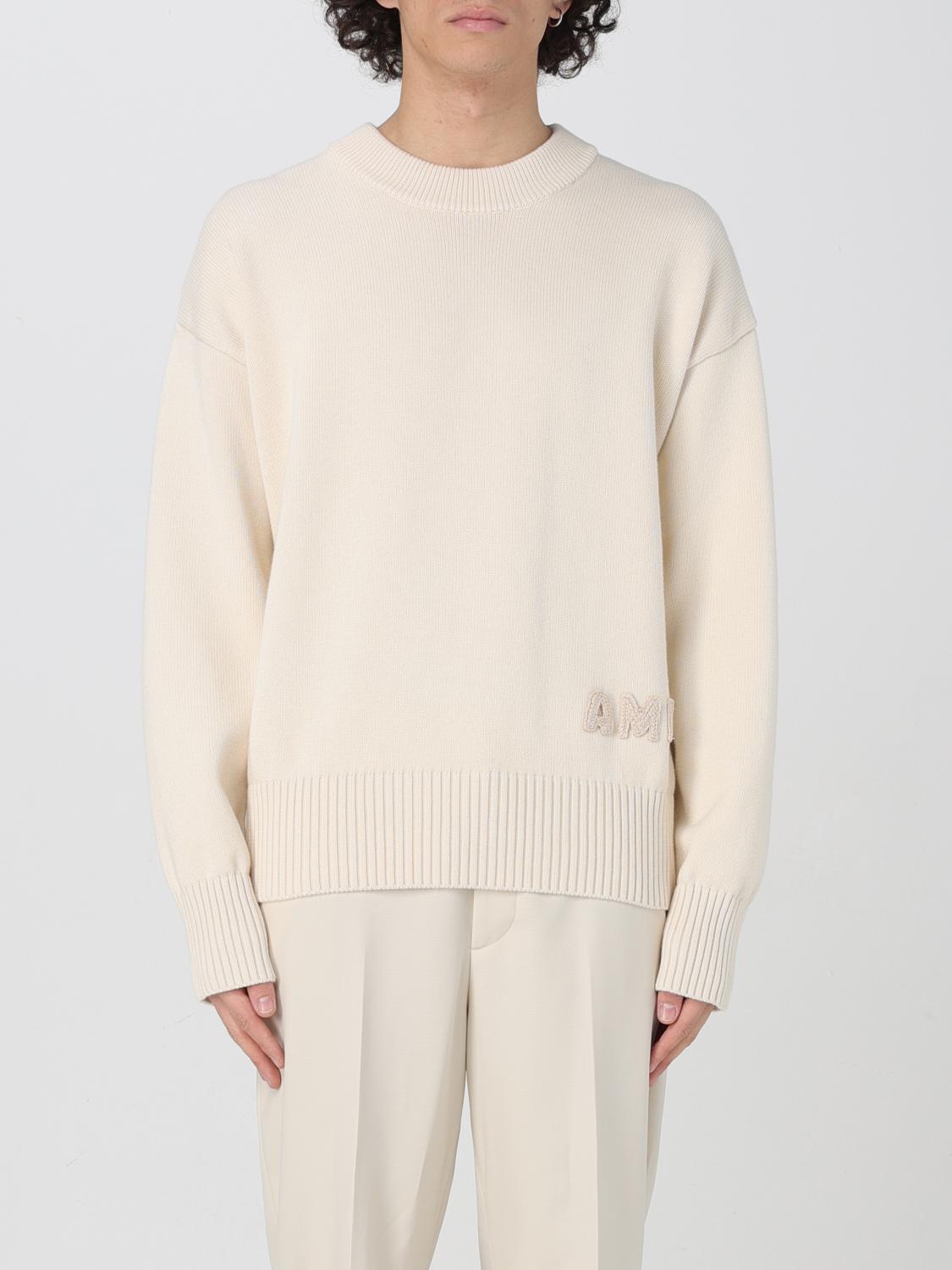 AMI PARIS MAGLIA: Maglia a girocollo con logo Ami Paris in misto lana, Beige - Img 1