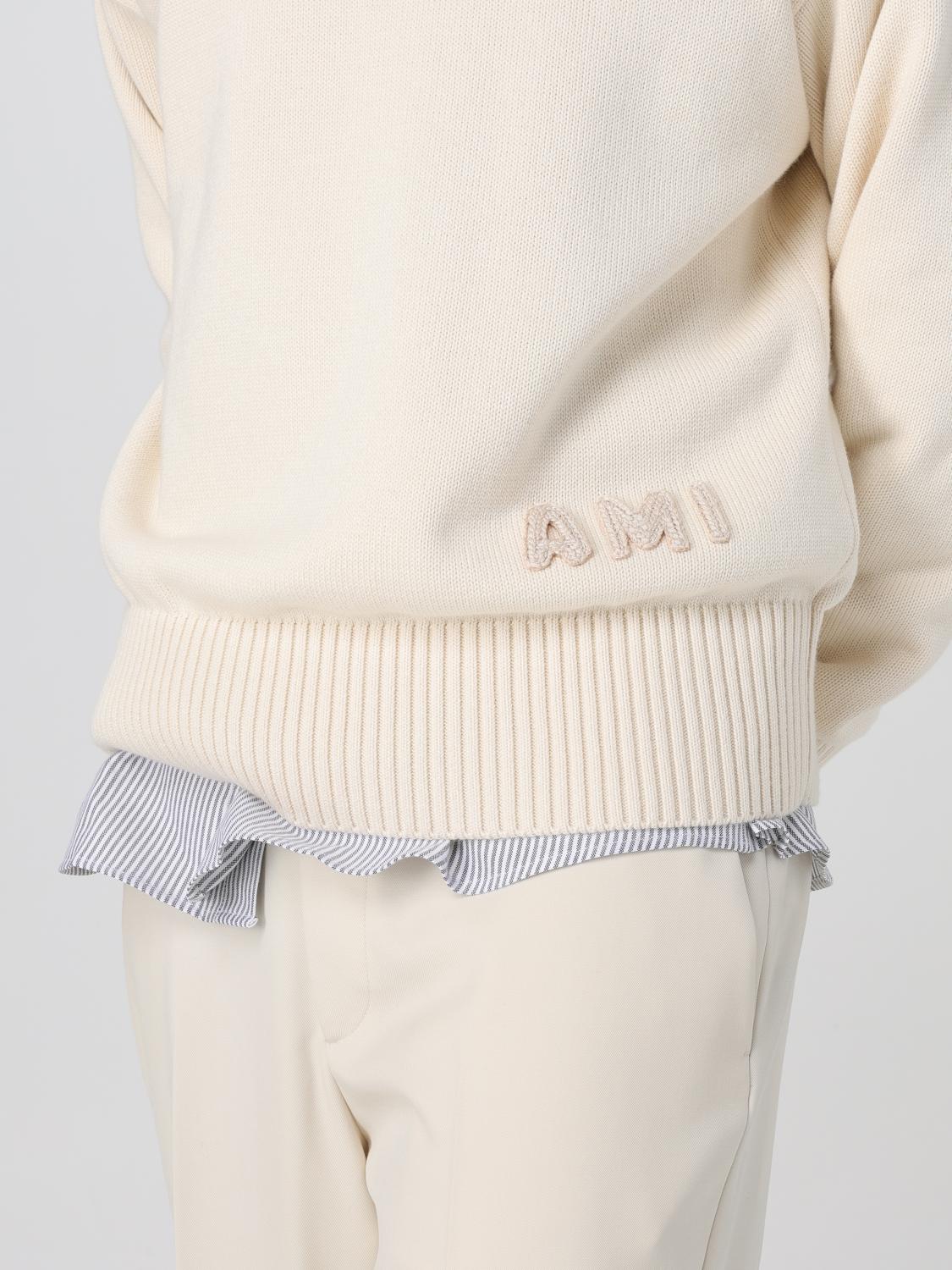 AMI PARIS MAGLIA: Maglia a girocollo con logo Ami Paris in misto lana, Beige - Img 4