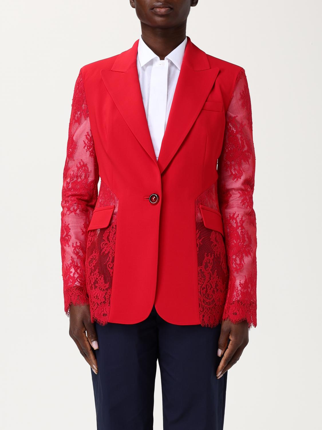 PINKO BLAZER: Blazer monopetto Pinko in cotone e pizzo , Rosso - Img 1
