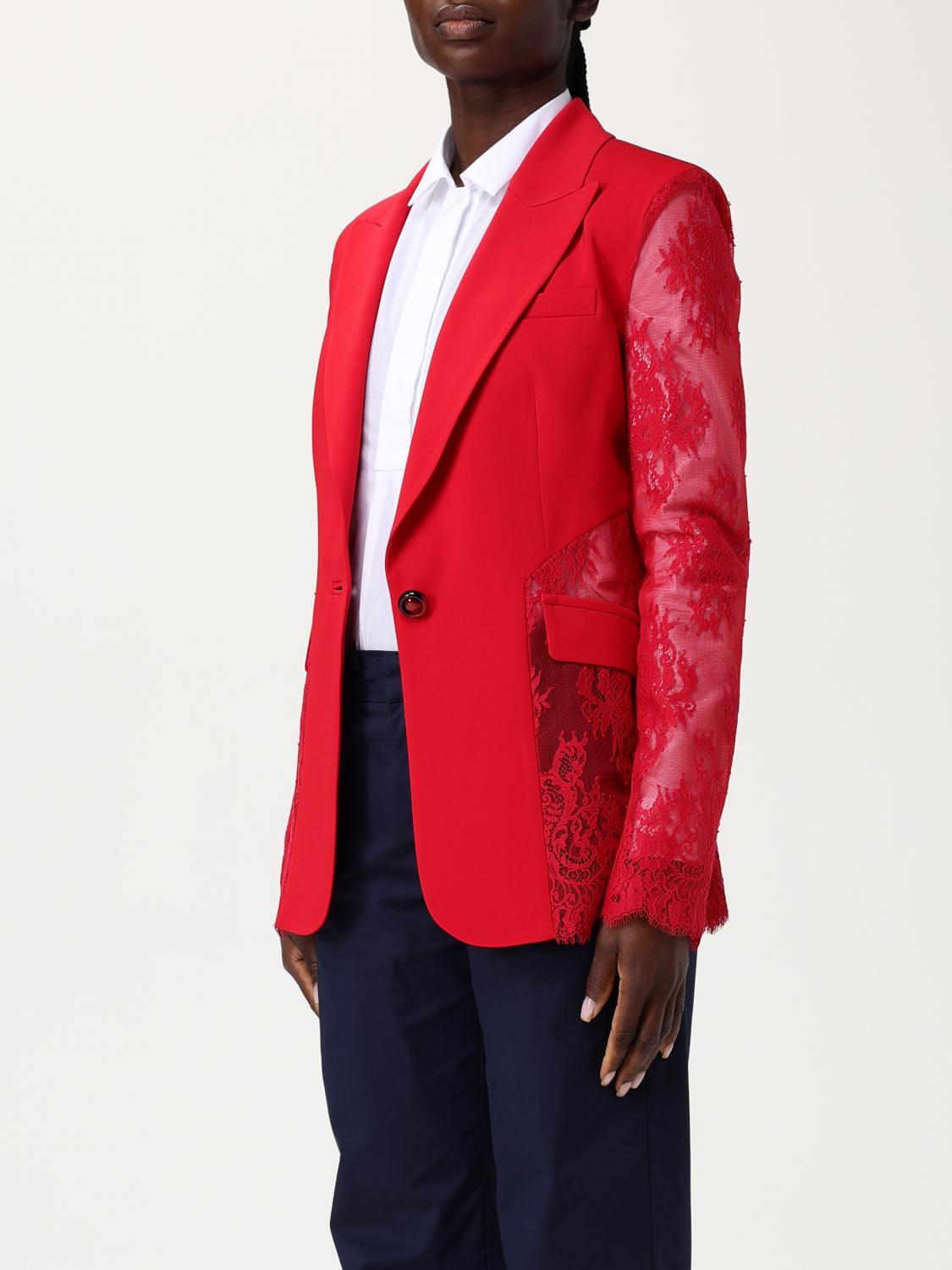 PINKO BLAZER: Blazer monopetto Pinko in cotone e pizzo , Rosso - Img 3